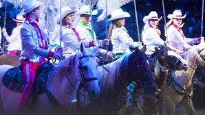 Een groep mensen te paard, gekleed in westerse kleding, met een feestelijke sfeer.