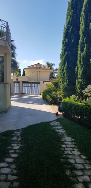 Una entrada cerrada a una propiedad con un camino pavimentado que lleva a un edificio, rodeado de vegetación y un árbol alto.
