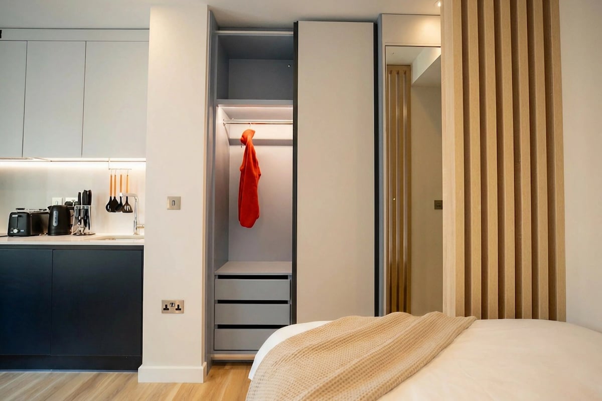 A modern bedroom with a bed, a walk-in closet, and a kitchenette.