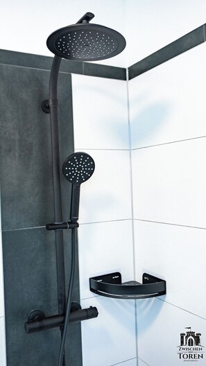 Dusche, Haartrockner, Handtücher, Seife