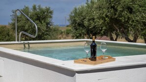 Ein Swimmingpool mit einer Weinflasche und zwei Gläsern auf einem Holztisch.