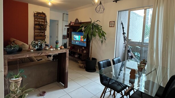 Ein Wohnzimmer mit einem Glastisch, schwarzen Stühlen, einem Fernseher und einer großen Kübelpflanze.