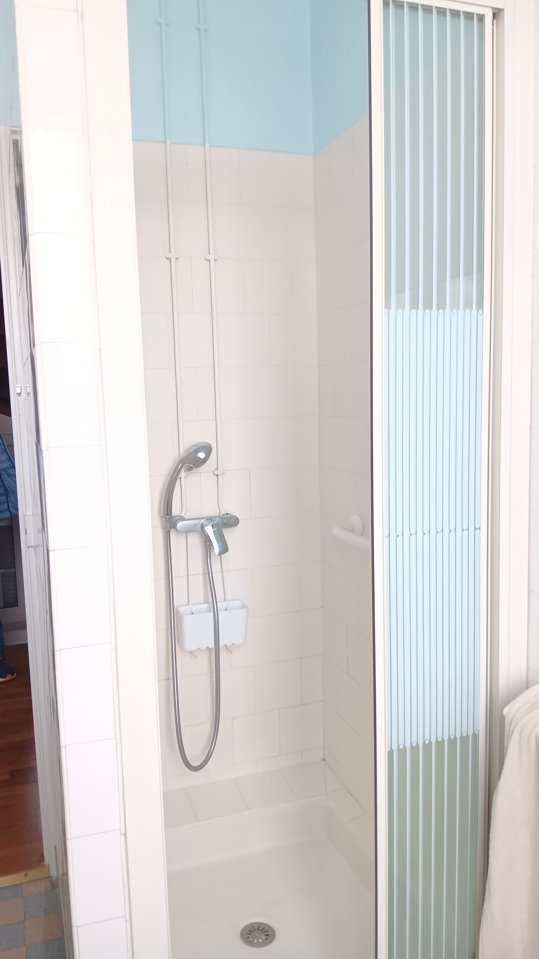 Shower, hair dryer, towels, toilet paper