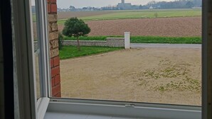 A view through a window with a brick wall, a radiator, and a field with a distant structure.