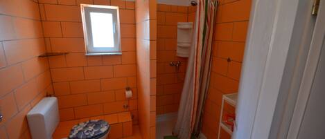 Douche, serviettes fournies, papier de toilette