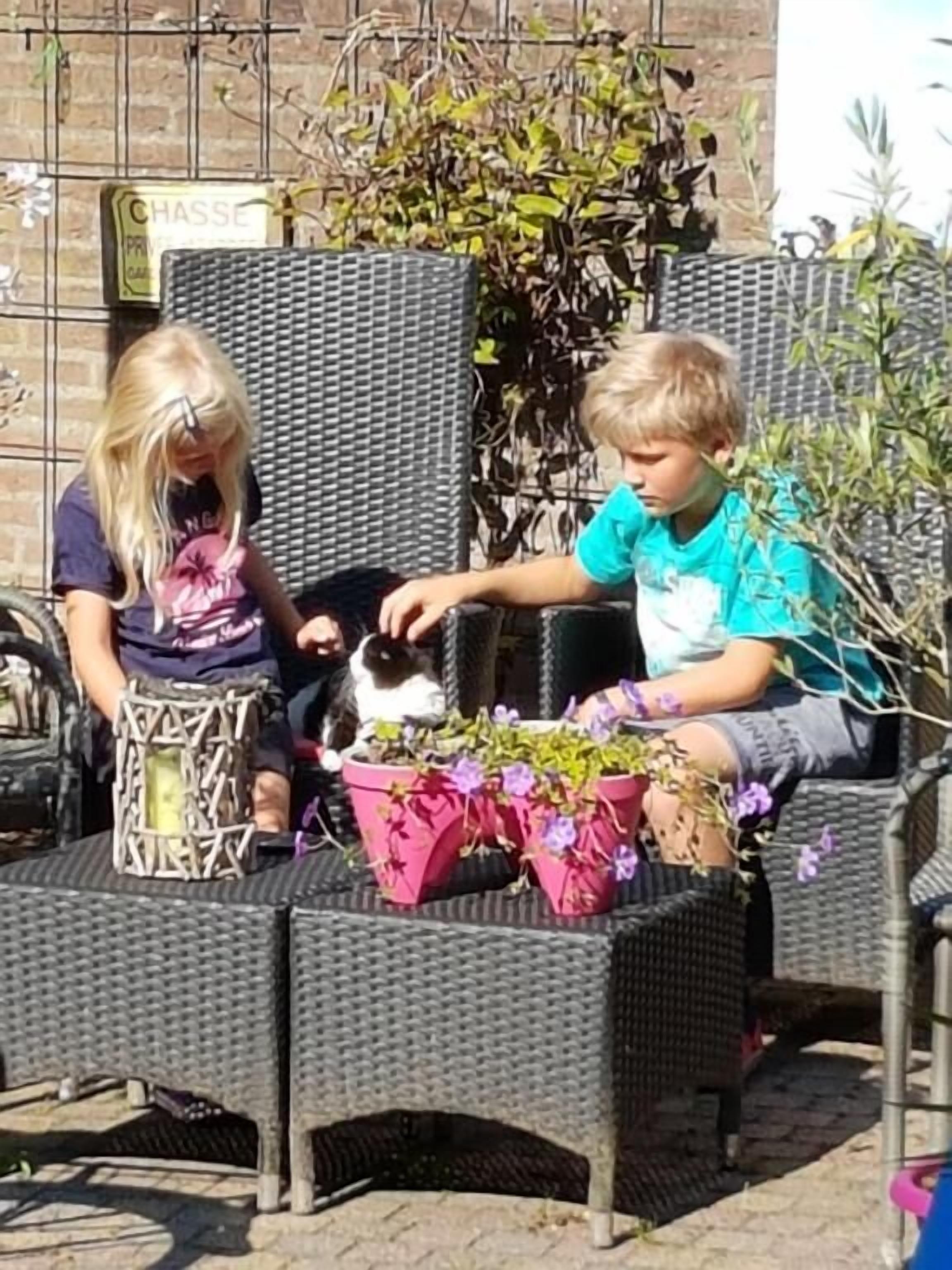 Dos niños sentados en sillas de mimbre al aire libre, con plantas en macetas.