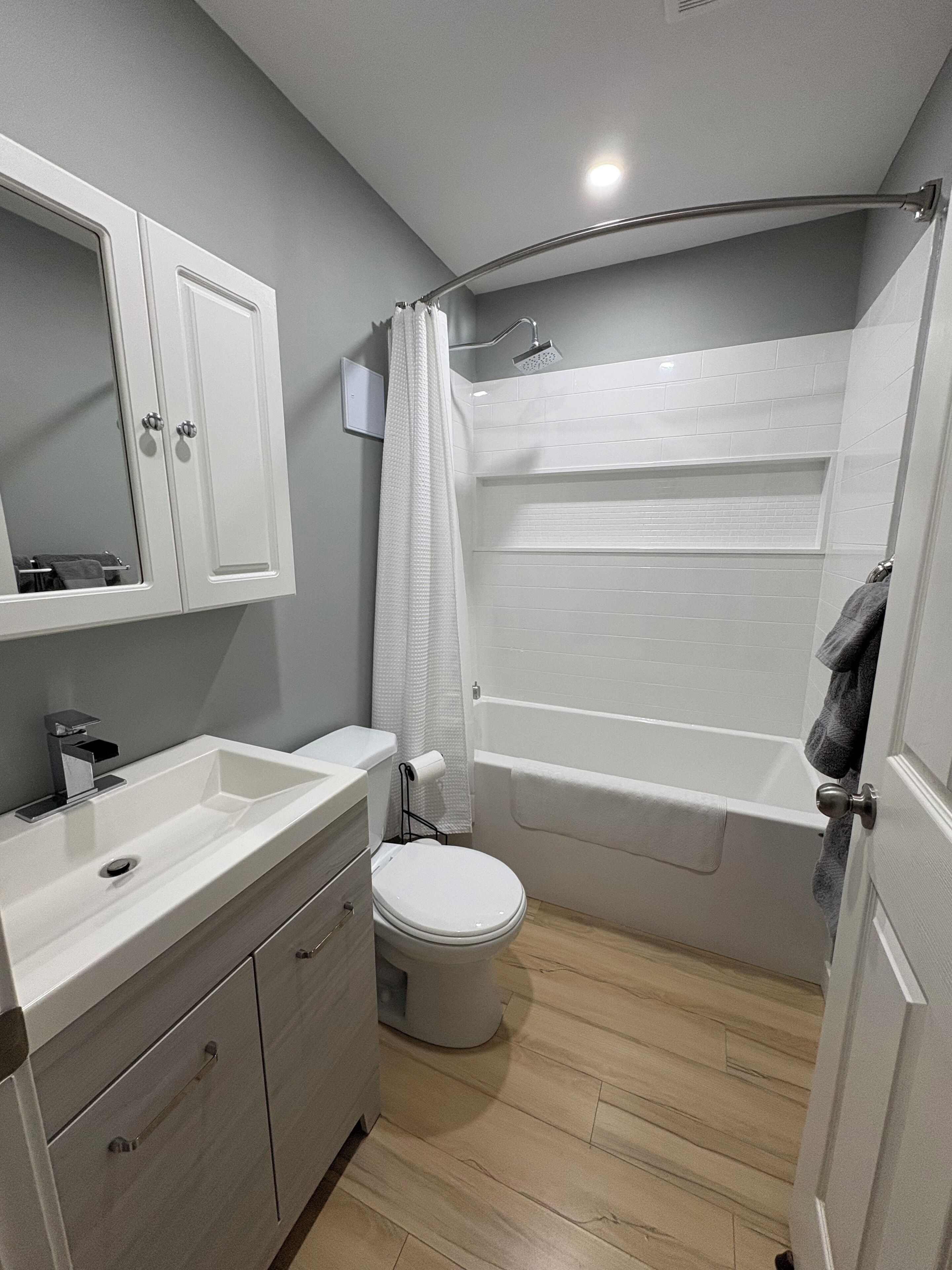 Hair dryer, towels, soap, shampoo