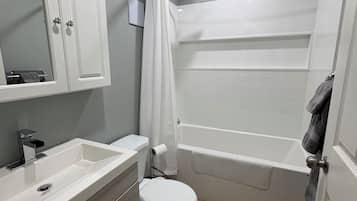 Hair dryer, towels, soap, shampoo