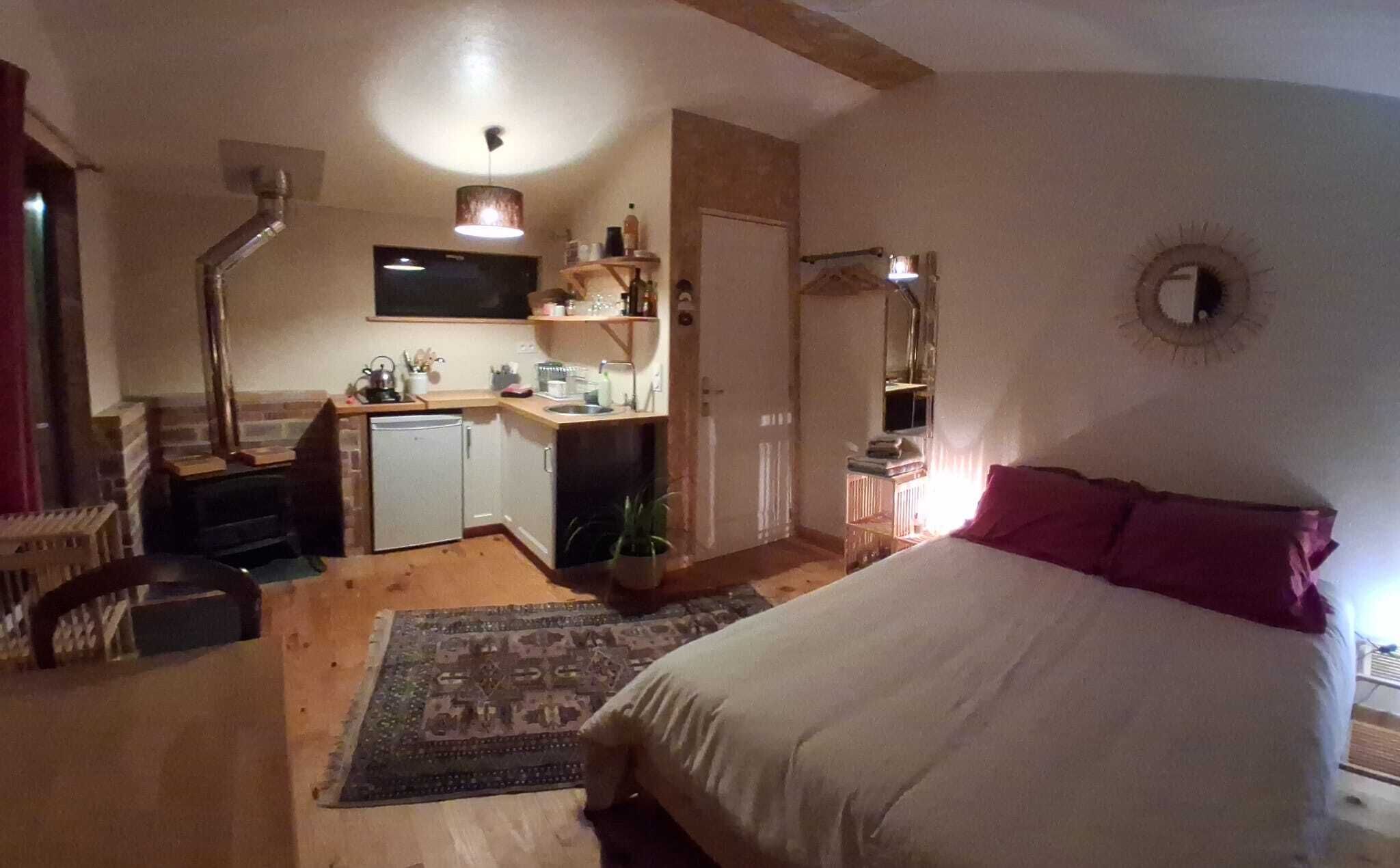 A bedroom with a bed, a small kitchenette, a desk, and a chair.