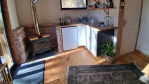 A compact kitchen with a wood-burning stove, a small refrigerator, and a sink. - Isolated cabin in the forest (Lespinassière)