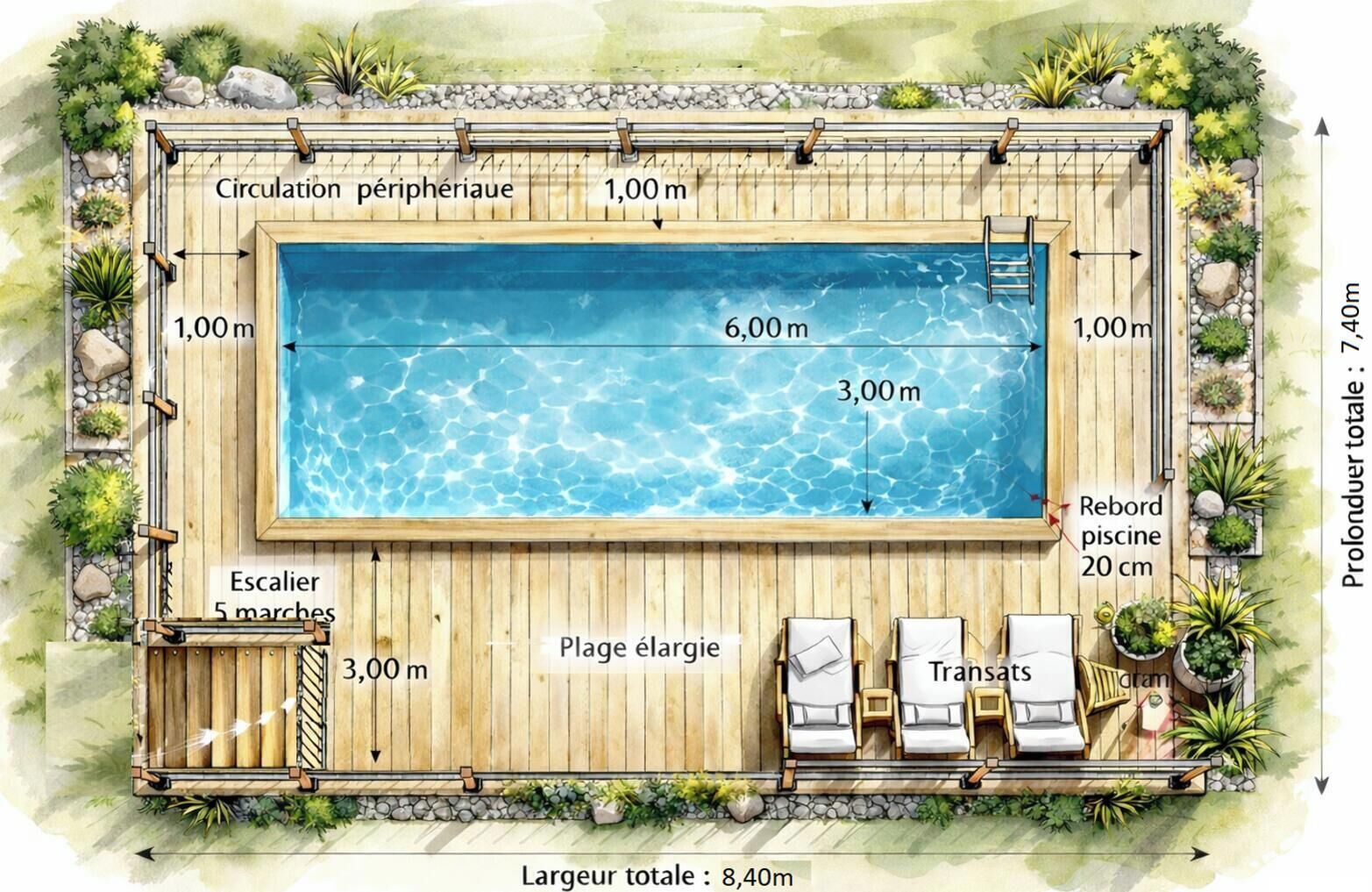 Piscina rectangular de 6 metros de largo, rodeada por un deck de madera y un espacio de circulación perimetral de 1 metro de ancho.
