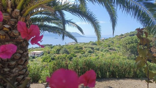 Villa nestled in the green in Salina, with beautiful views of Lipari.