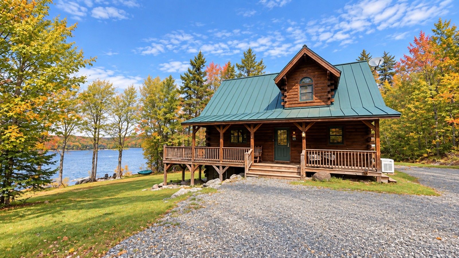 A cabin with a porch, a door, and a window.