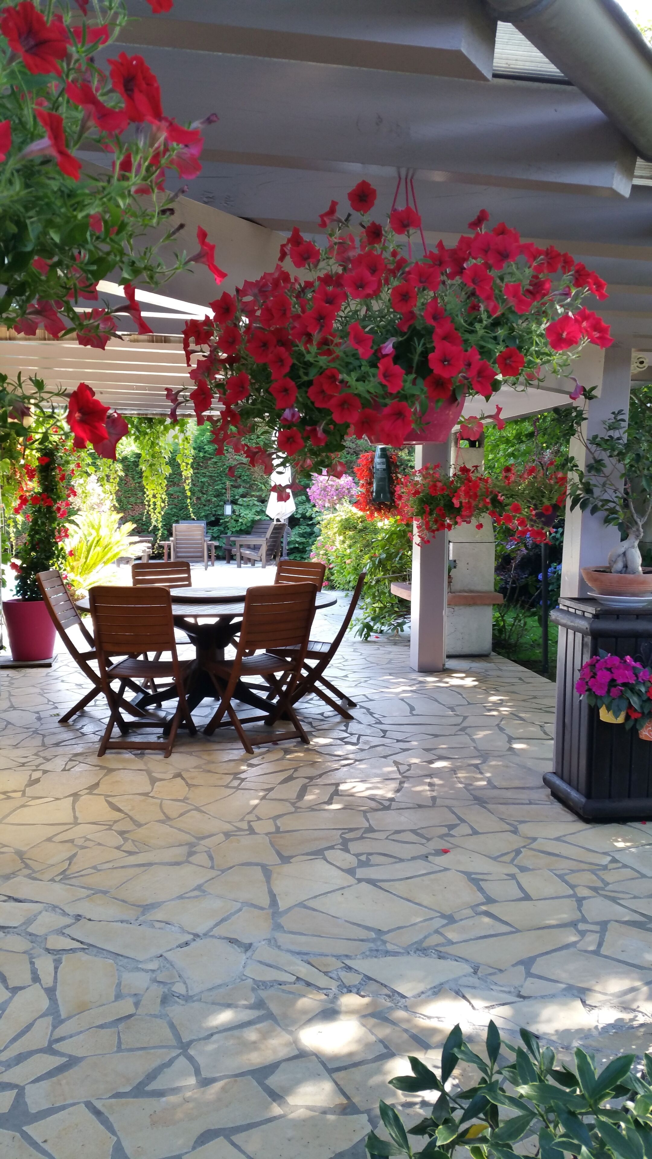 A patio area with a round table and chairs, surrounded by potted plants and hanging flowers.