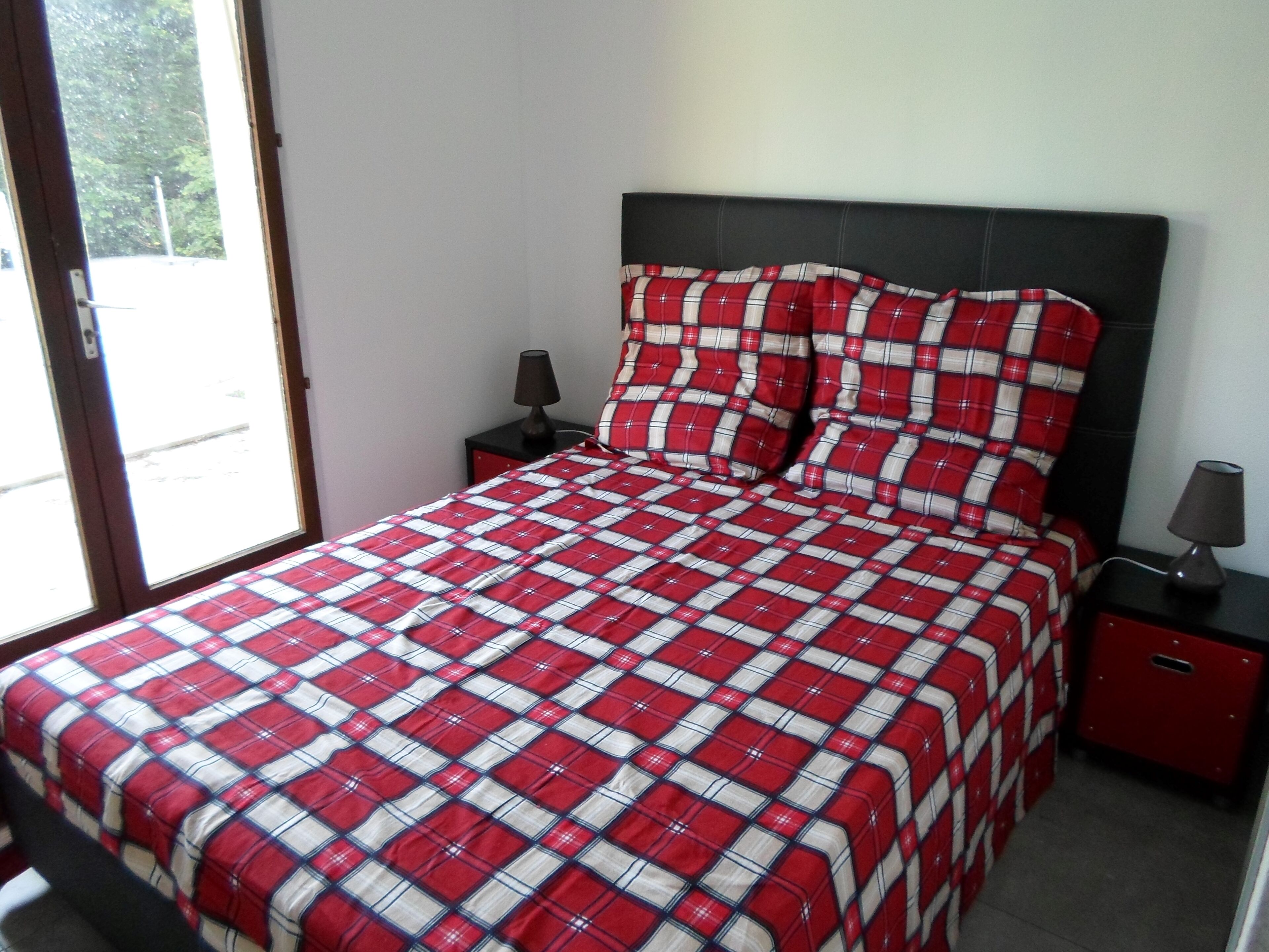A bed with a checkered bedspread, a nightstand with a lamp, and a view of the outdoors through a window.