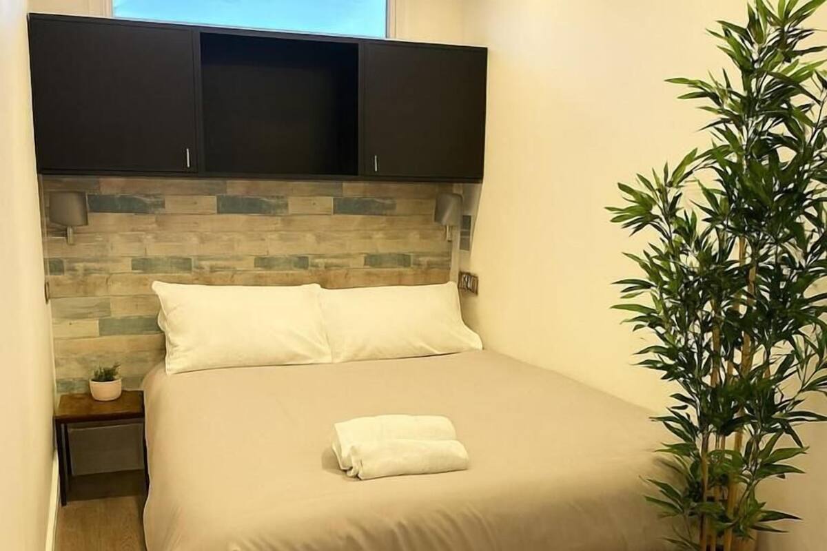Un lit avec une tête de lit, une table de chevet avec une lampe, une plante en pot et un mur dont le motif ressemble à de la pierre.