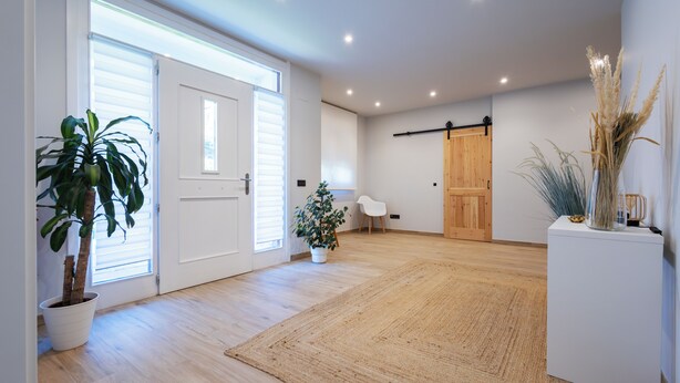 A spacious room with a large window, a wooden floor, a white door, and a potted plant. - Bizi Baztan Goienetxea (Elizondo)