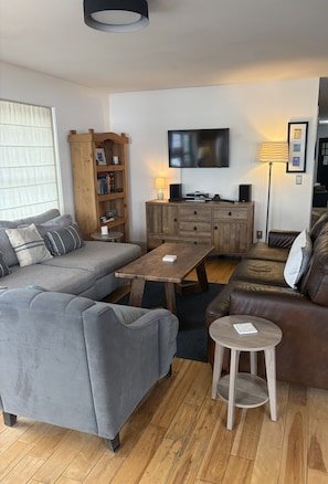 A living room with a grey sofa, a brown sofa, a wooden coffee table, a small round table, a TV mounted on the wall, and a wooden cabinet. - Lovely 3-bedroom, 2-bath house. Perfect for your mountain getaway! (Silverton)