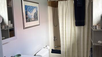 Hair dryer, towels, soap, toilet paper
