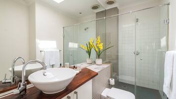 Shower, hair dryer, towels, soap