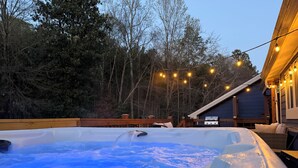 Un jacuzzi con una figura de delfín, rodeado de árboles y una terraza de madera.