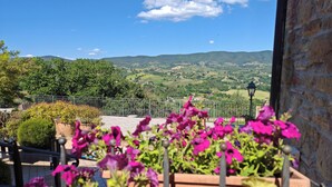 Un balcone con vista su dolci colline e un aereo in lontananza.