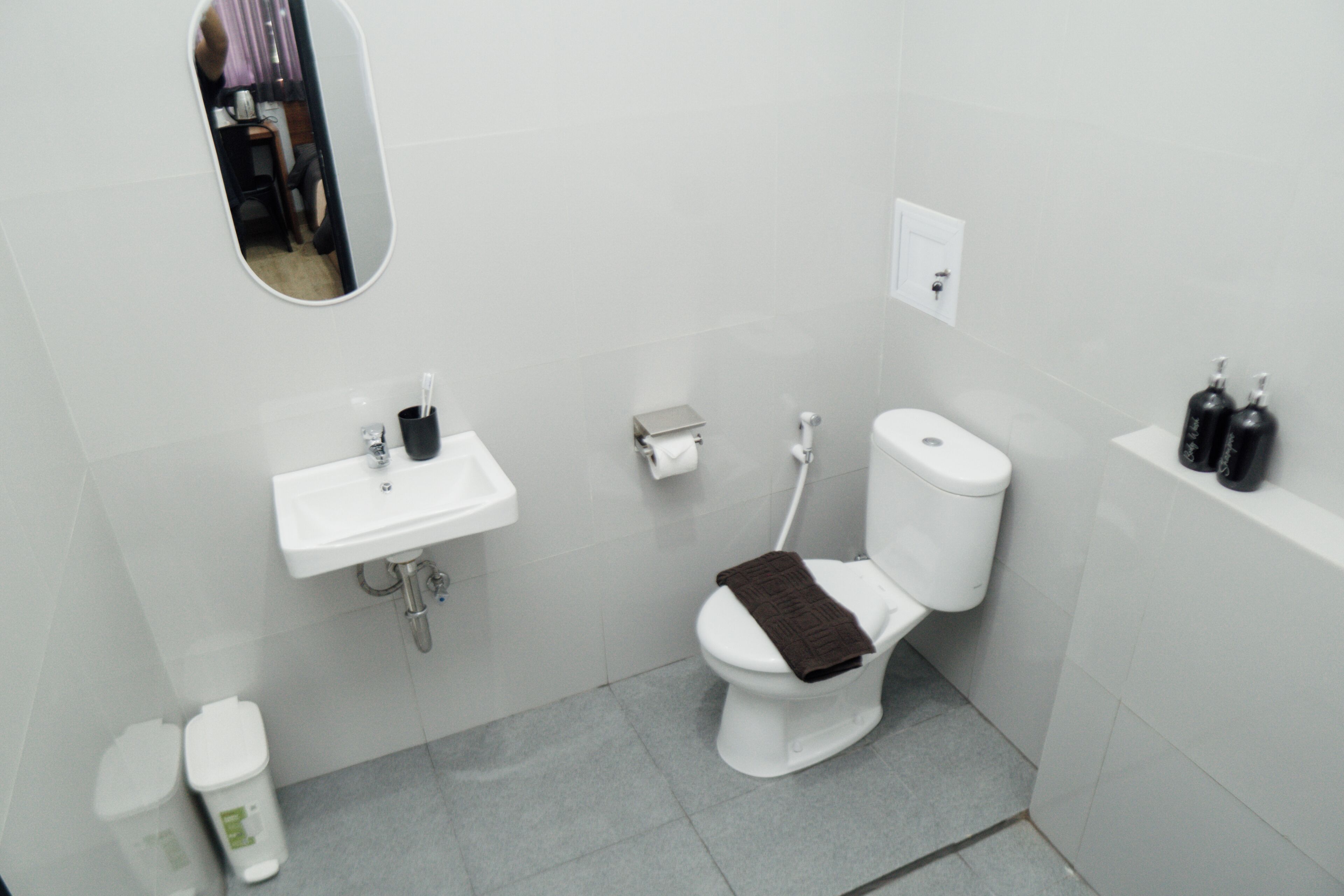 A bathroom with a toilet, sink, and mirror.