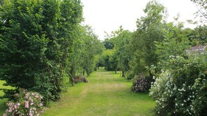 Un sentier bordé d’une végétation luxuriante et de buissons en fleurs, qui mène à une construction située au loin.