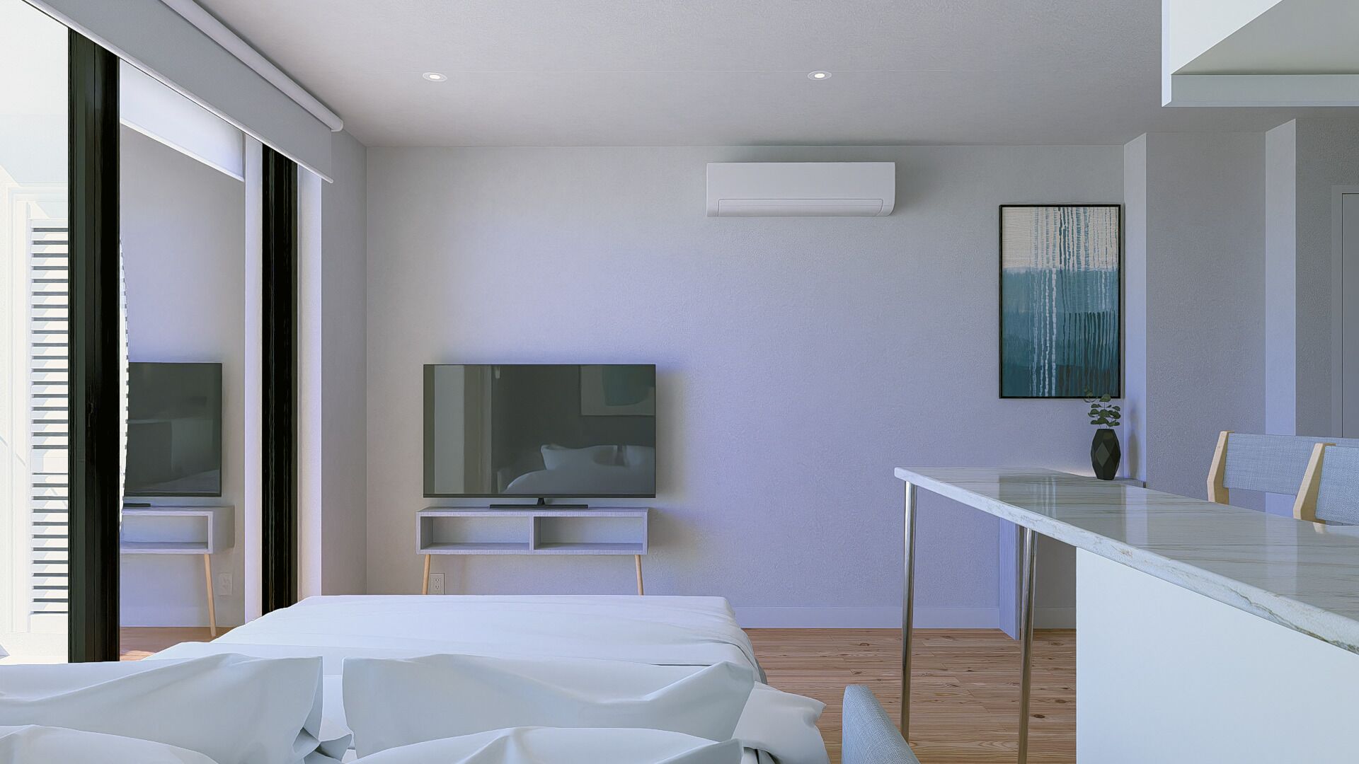 Habitació d'hotel moderna amb un llit, un televisor, una taula de menjador i una finestra gran.