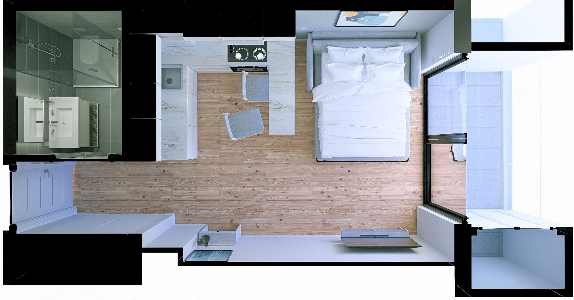 Un dormitorio moderno con cama, mesita de noche y ventana.