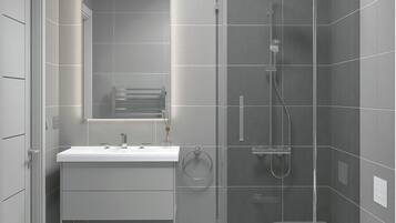 Shower, towels, soap, shampoo