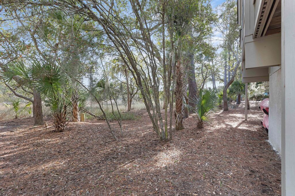 Un'area verde curata all'aperto con alberi e arbusti, un vialetto e un edificio con facciata bianca.