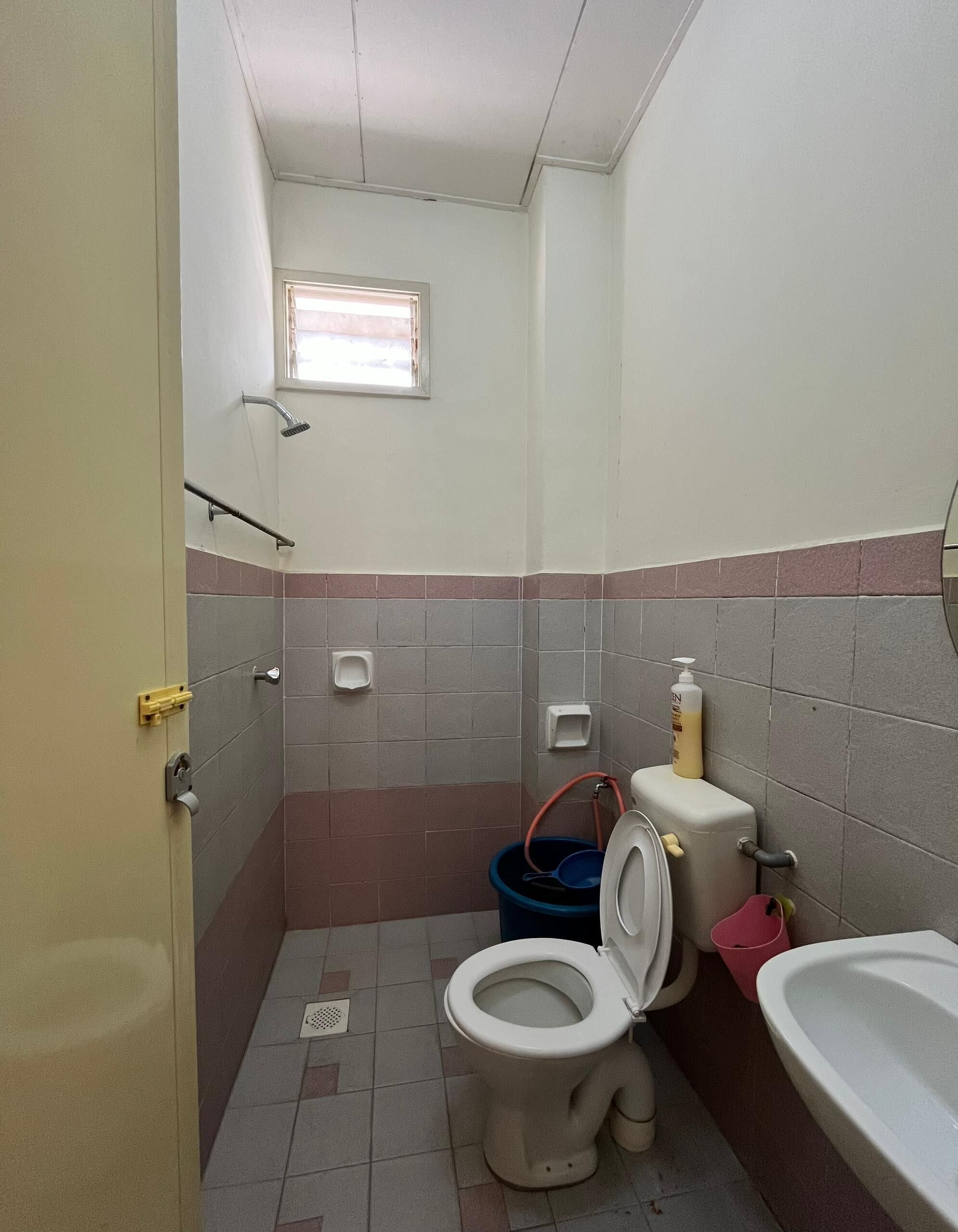 Een kleine badkamer met toilet, wastafel en bidet.