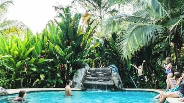 Une piscine entourée d’une végétation luxuriante et agrémentée d’une cascade.