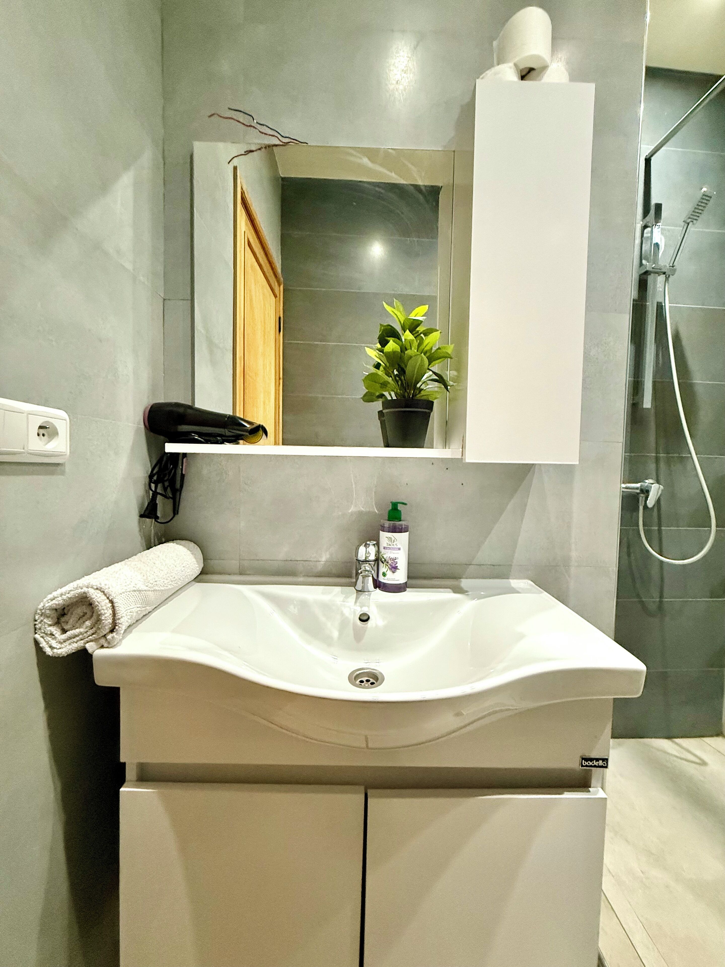 A bathroom with a white sink, a mirror, a towel, a potted plant, and a shower.