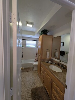 Secadora de cabello, toallas, jabón, papel de baño 