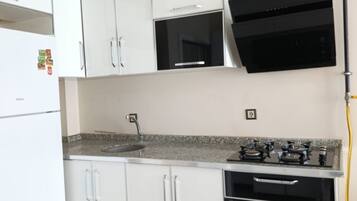 Full-sized fridge, microwave, stovetop