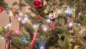 A Christmas tree with various ornaments and lights.