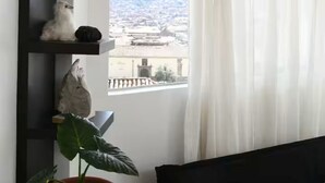 Ein Zimmer mit Fenster, ein schwarzes Regal mit Dekoration, eine Zimmerpflanze und ein Bett.