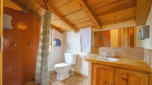 Un baño con ducha, inodoro, lavabo y armarios de madera.