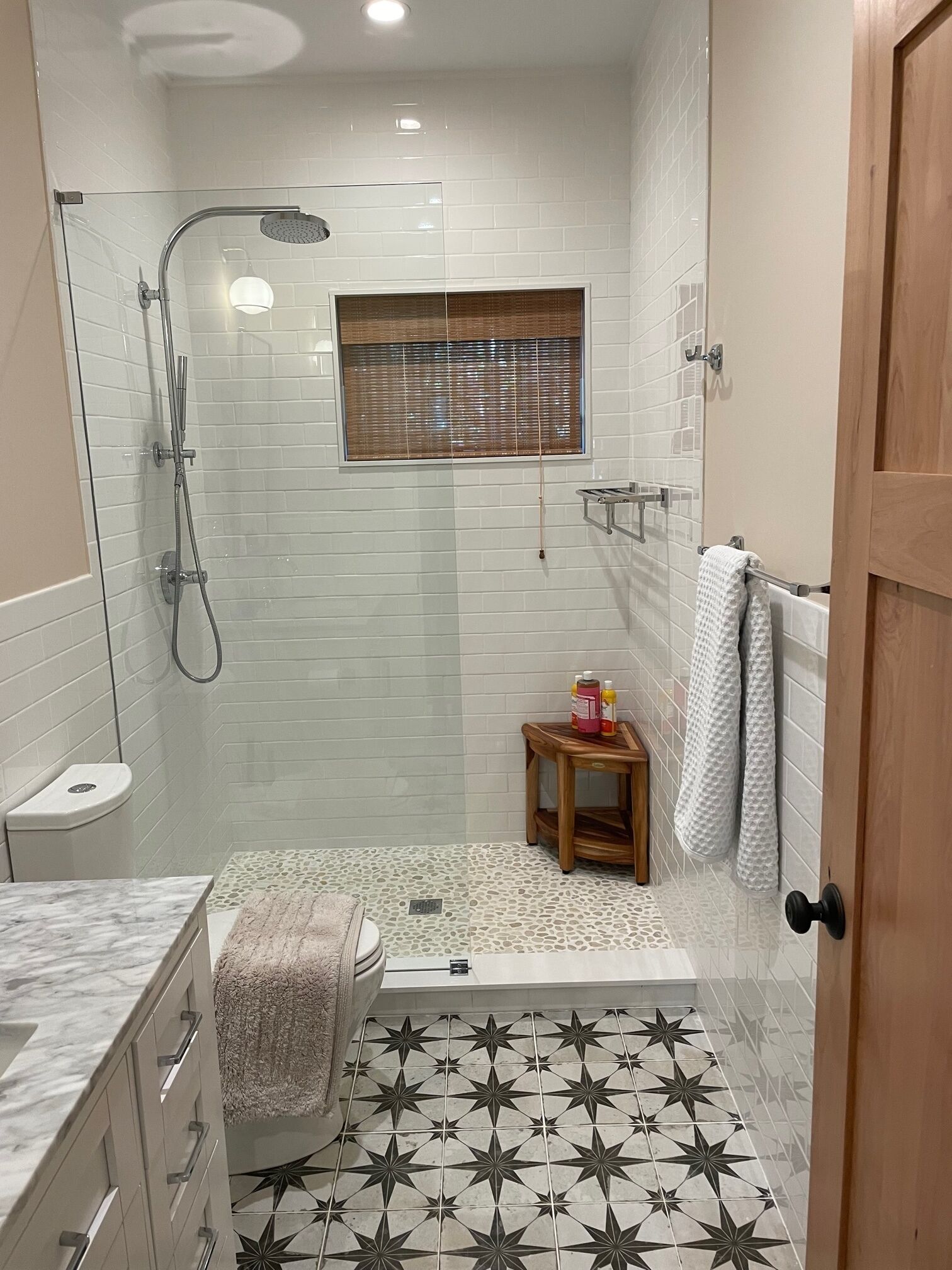 Hair dryer, towels, soap, shampoo