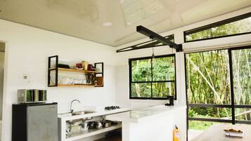 Fridge, microwave, oven, coffee/tea maker