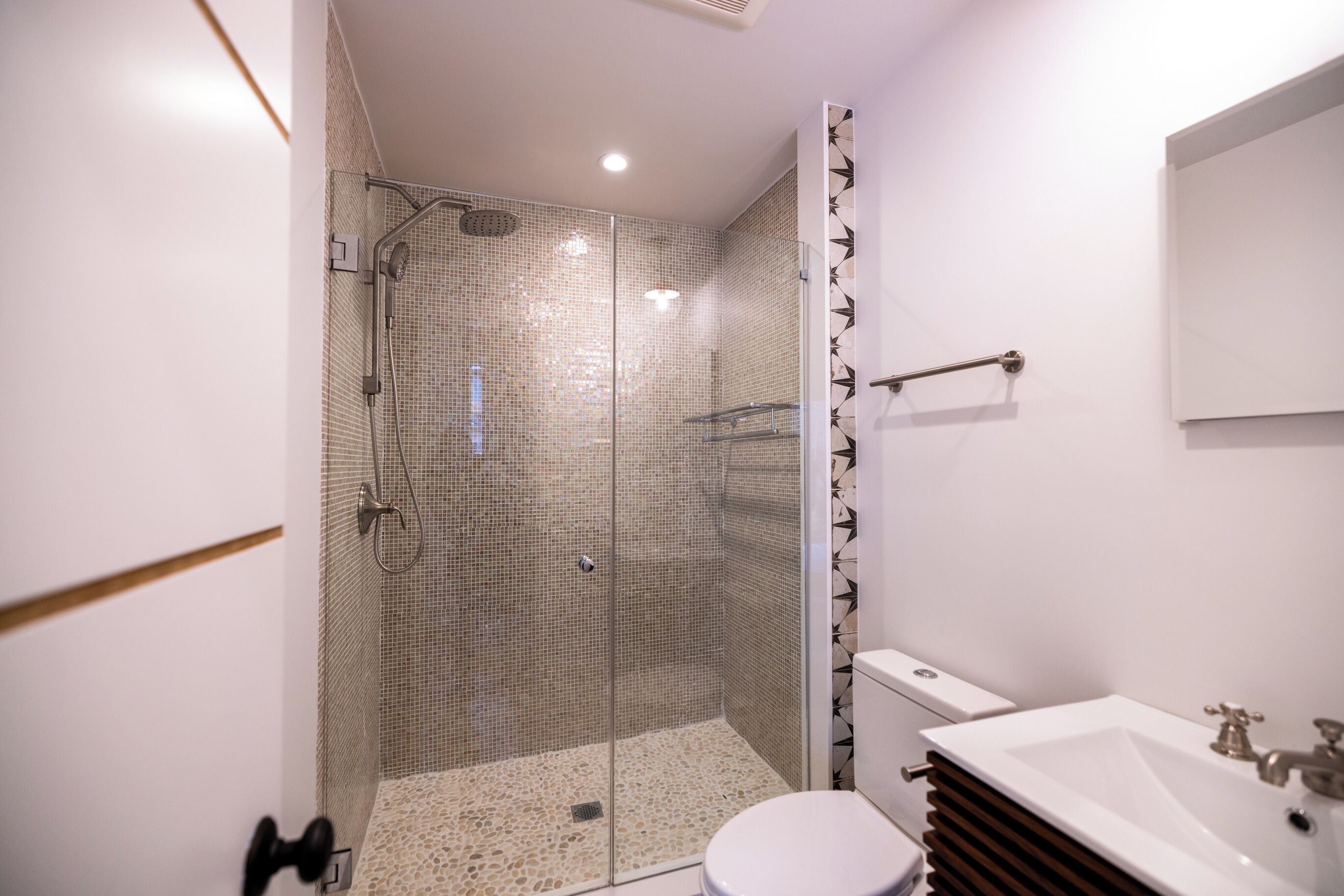 Hair dryer, towels, soap, toilet paper