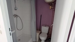 A bathroom with a shower, toilet, and a white sink. - Grand studio lumineux pour 2 ou 4 personnes (Ducos)