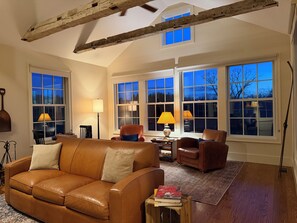 Smart TV, fireplace, table football, books