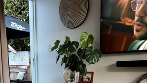 Un soggiorno moderno con televisione, una pianta e un cartello da bar visibile attraverso la porta.