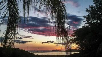 A coastal landscape with a sunset, vegetation, and a distant landmass.