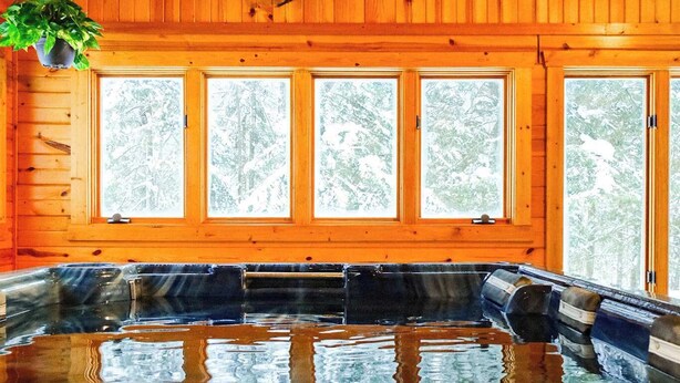 Une cabane en bois dotée d’un bain à remous, de grandes fenêtres et de plantes suspendues.