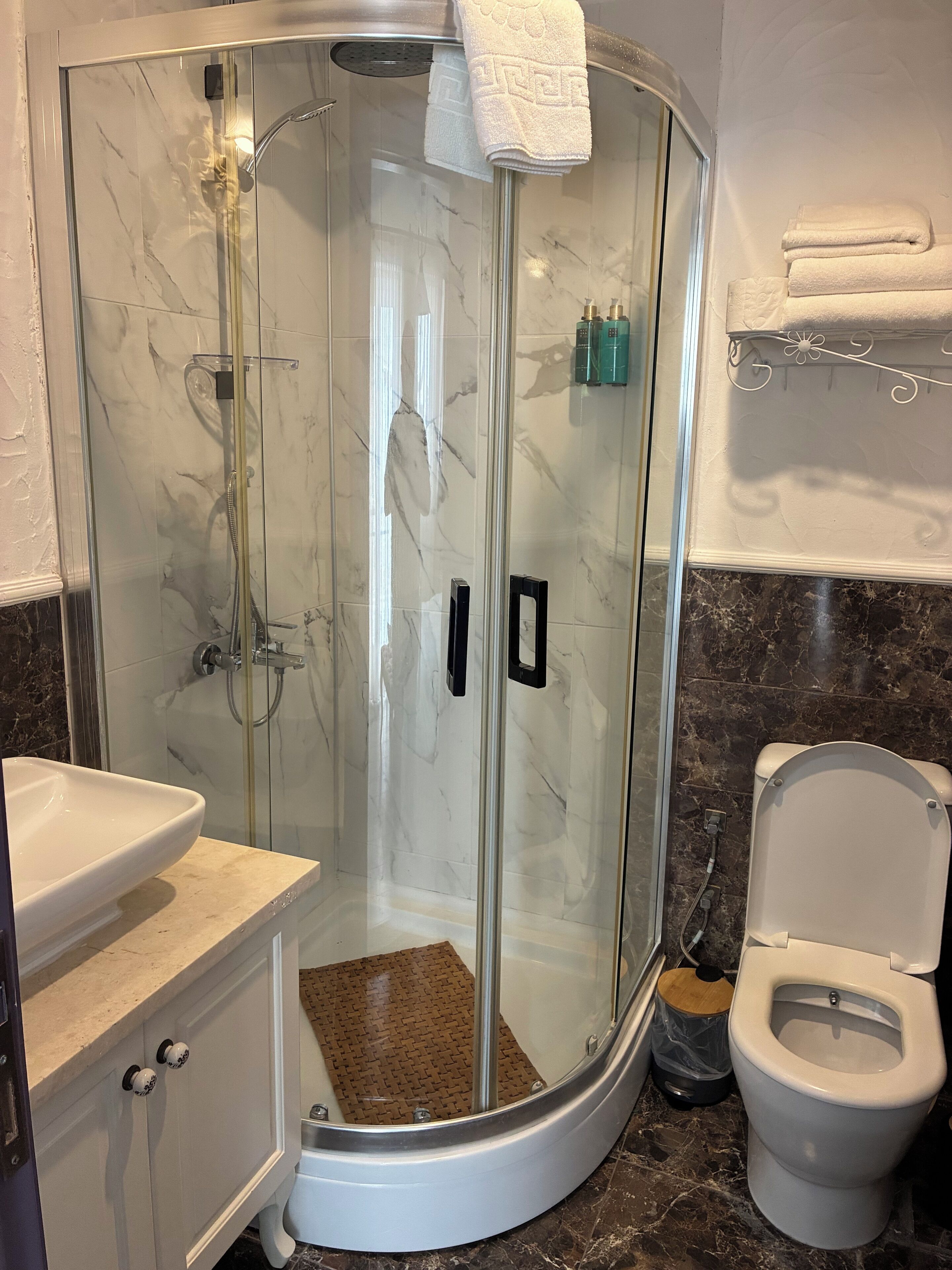 Kylpyhuone, jossa on lasiseinällä varustettu suihku, wc ja pesuallas.