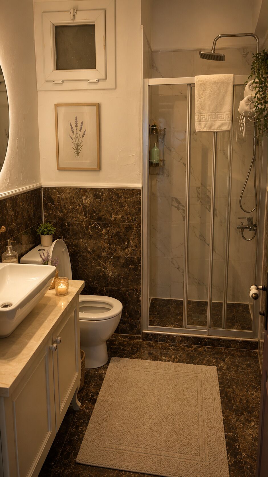 A bathroom with a toilet, sink, shower, and a framed botanical print on the wall.